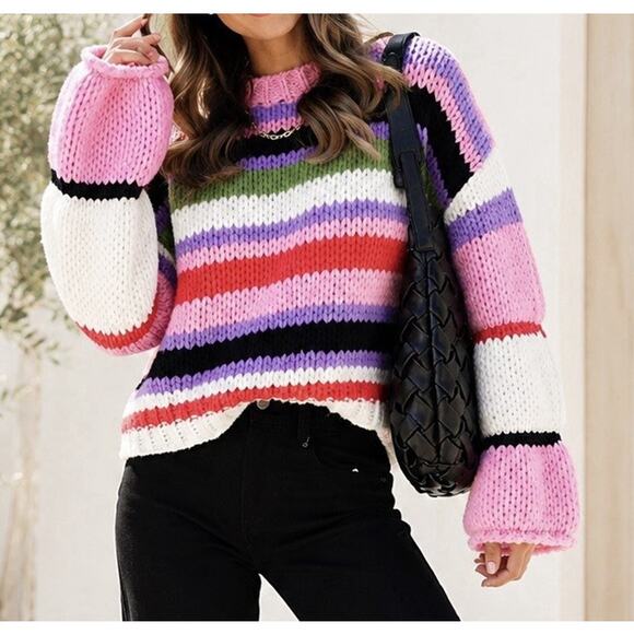 BiBi Sweaters - BiBi Sweater M Chunky Knit Striped Bell Sleeve Crop Pullover Colorful Boho NWT